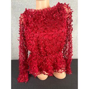 Vintage Debbie Shuchat Medium Blouse Red Textured Long Sleeve 90s Elastic Waist